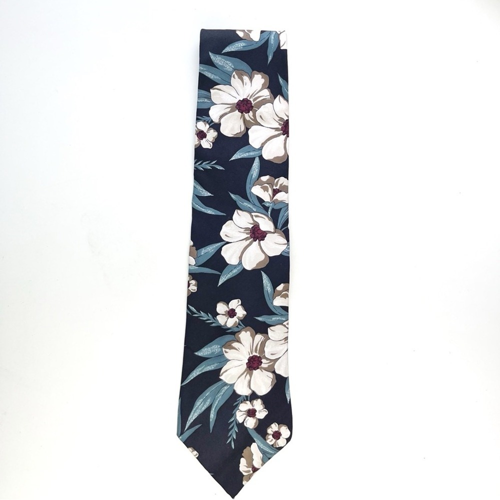 Vintage Robert Stock Dark Formal Floral Silk Necktie Blue Ivory Cottagecore Boho